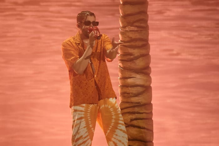 Bad Bunny performs during a concert.